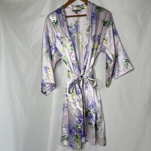 Morgan Taylor Intimates S/M Floral Print Satin Wrap Robe Licac Purple 3/4 Sleeve